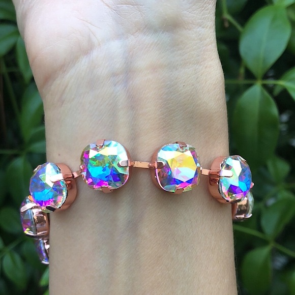 Aurora Borealis + Rose Gold Cushion Cut Crystal Tennis Bracelet - Picture 7 of 9